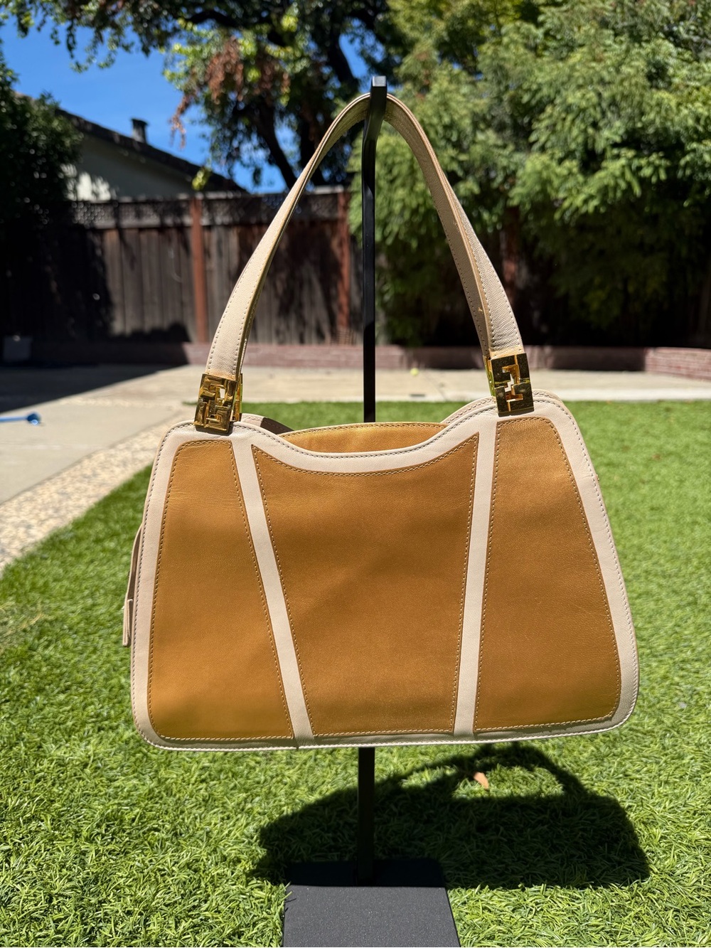 Fendi Two-Tone Tan and Cream Shoulder Bag with Gold Hardware